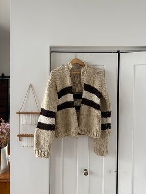 Chunky Cream & Brown Stripe Women's Cardigan Sweater